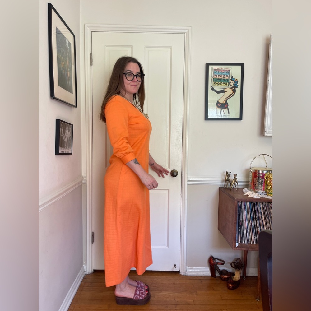 60s-70s Vintage Orange Maxi Dress with Beaded Neckline - Picture 2 of 8